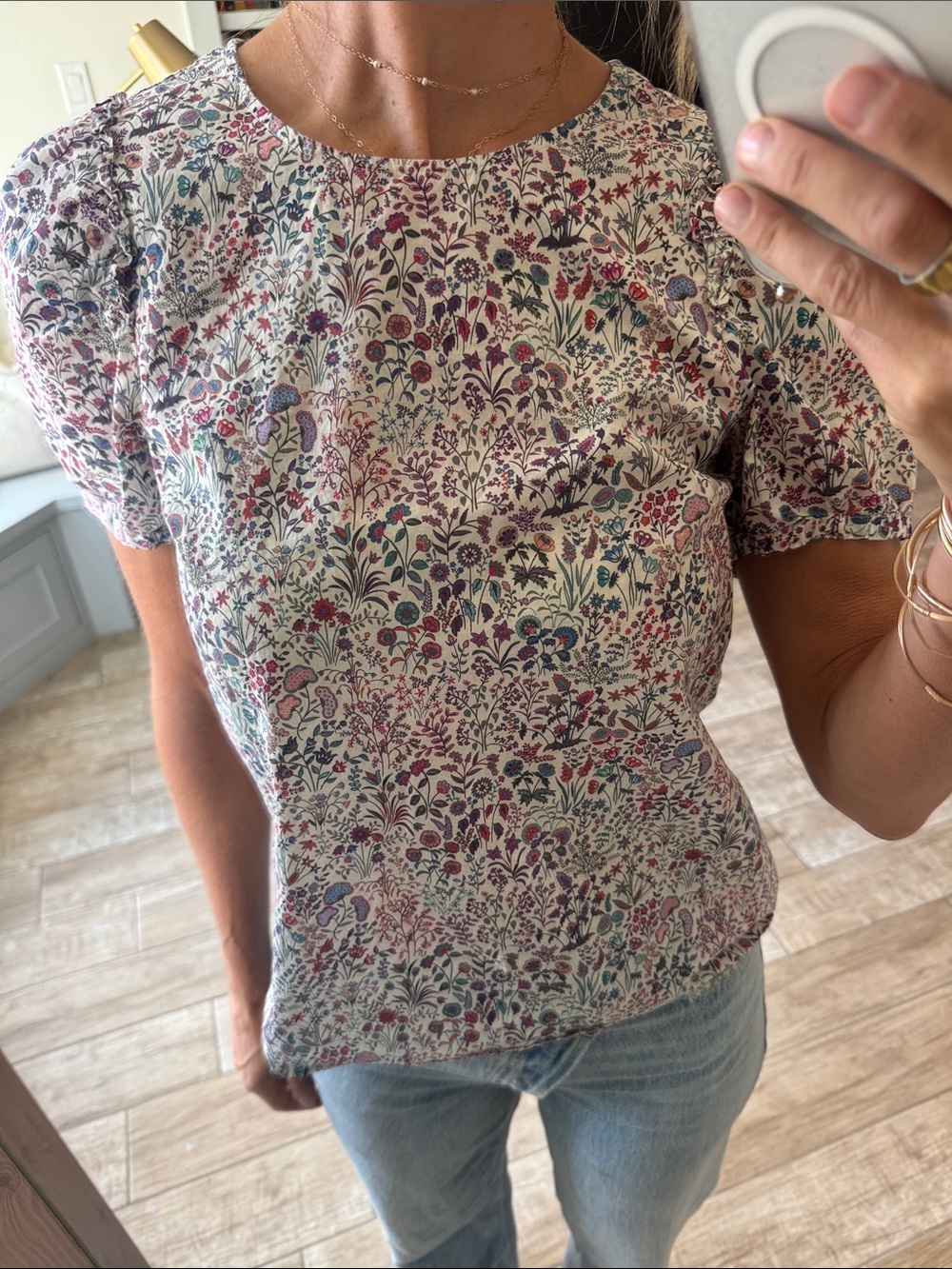 J. Crew Ivory Floral Puff Sleeve Blouse with Pink & Blue Accents